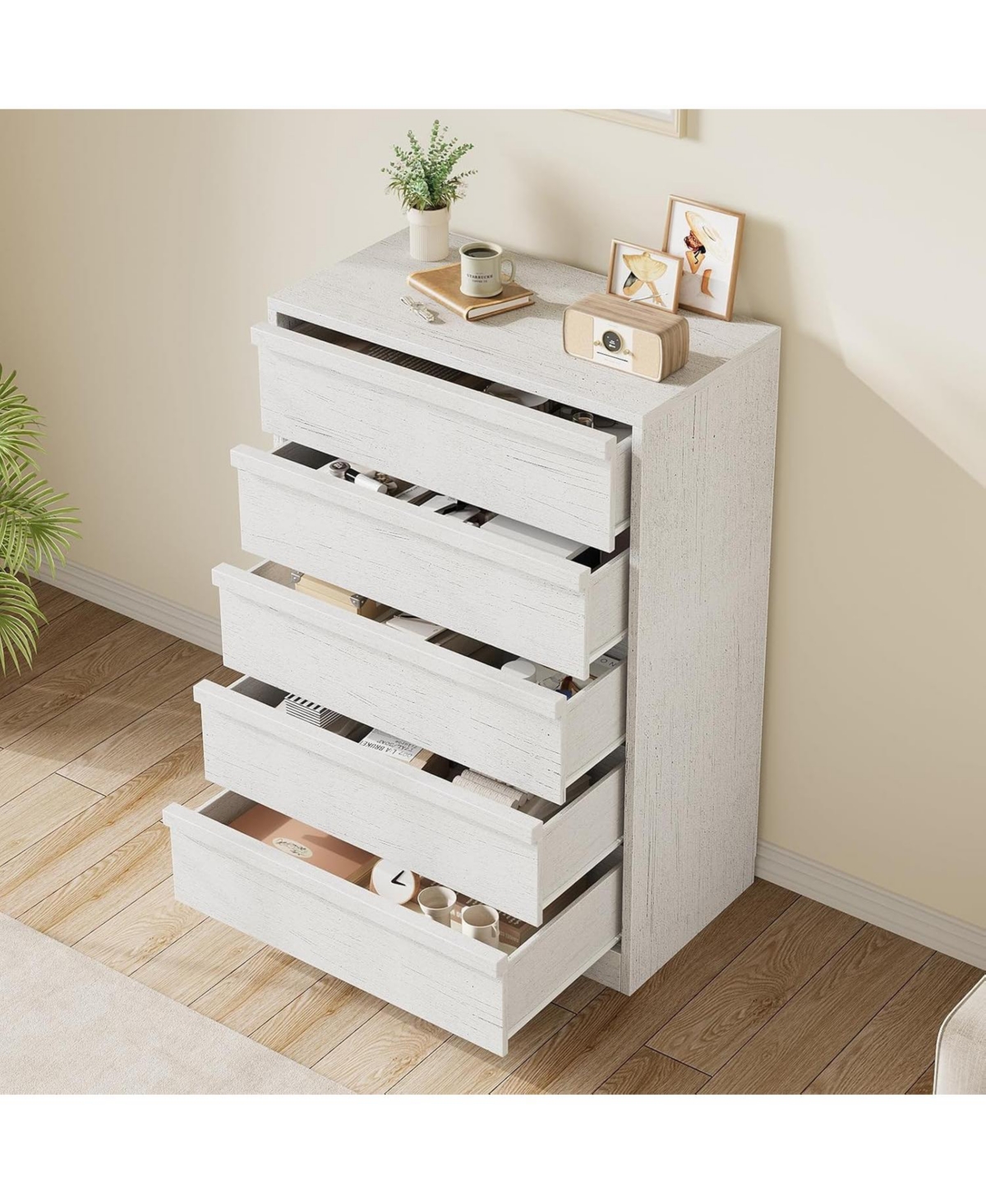 homfan 5-Drawer Dresser for Bedroom, Modern Wooden Tall Chest of Drawers, Wooden Handles