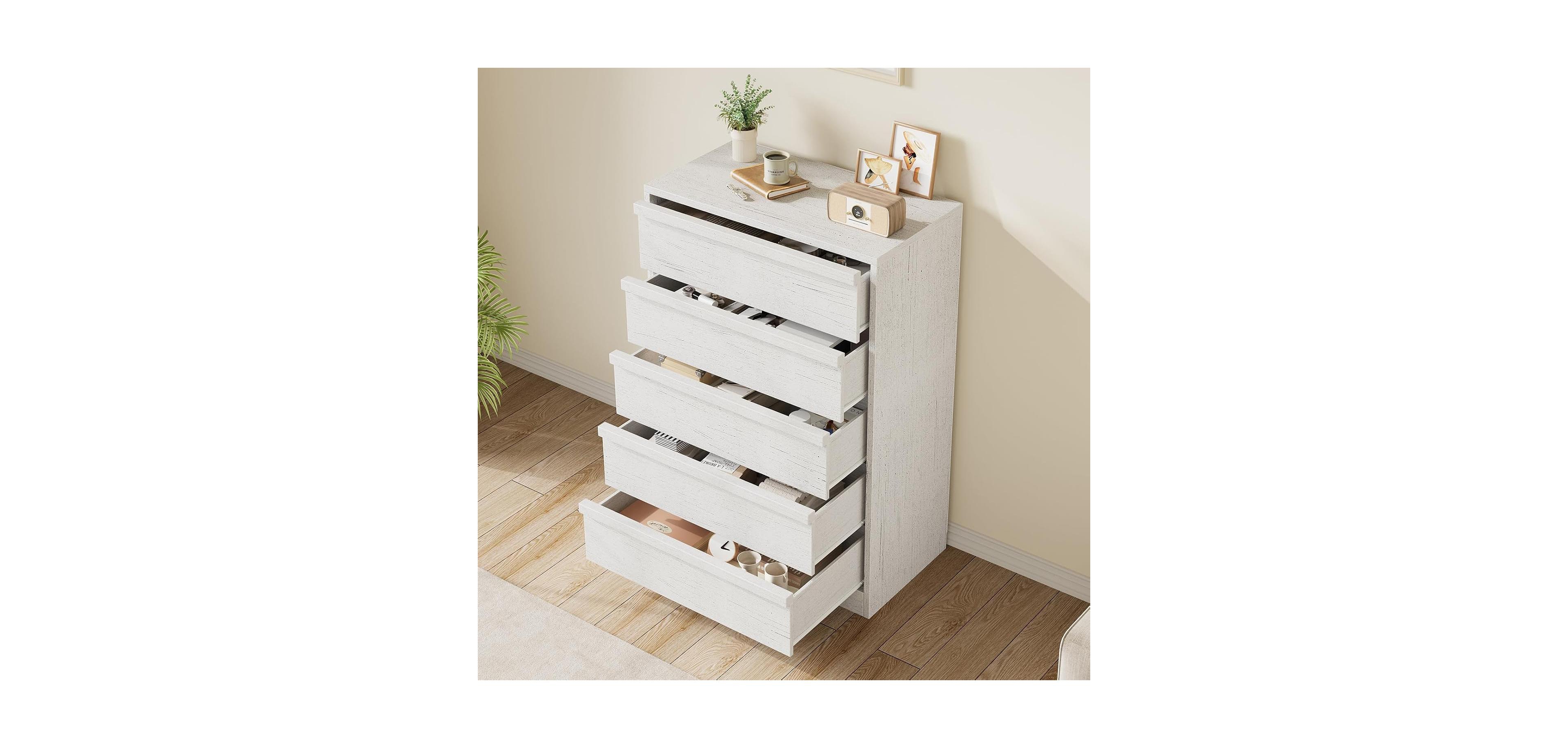 homfan 5-Drawer Dresser for Bedroom, Modern Wooden Tall Chest of Drawers, Wooden Handles