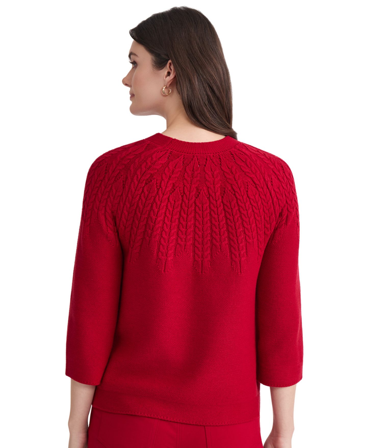 Женский свитер Jones New York Petite Cable Yoke Cable-Knit 3/4-Sleeve Pullover, цвет: Красный — фото 4
