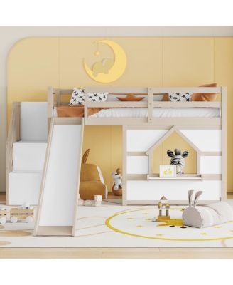  Kids Twin Loft Bed with Slide, Storage Stairs and LED Lights