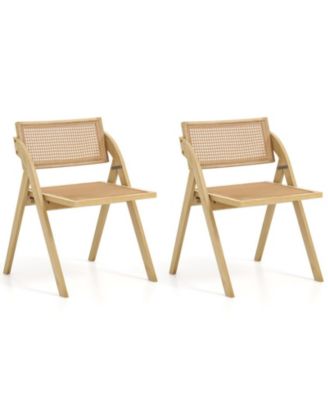 Set of 2 Foldable Dining Chairs with Woven Rattan Backrest
