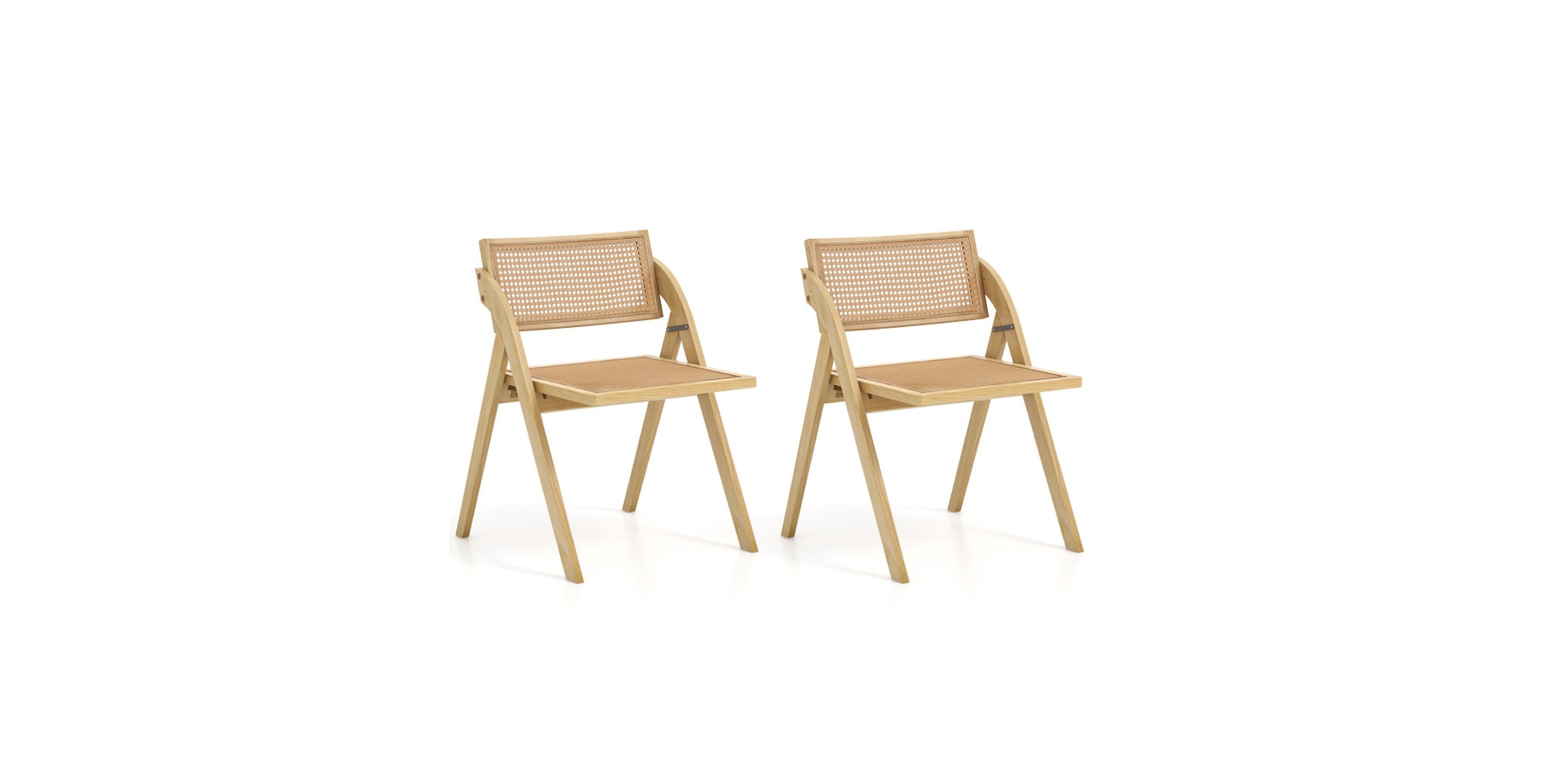 Gouun Set of 2 Foldable Dining Chairs with Woven Rattan Backrest