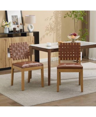 Set of 2 Woven PU Leather Mid-Century Modern Dining Chairs, Saddle