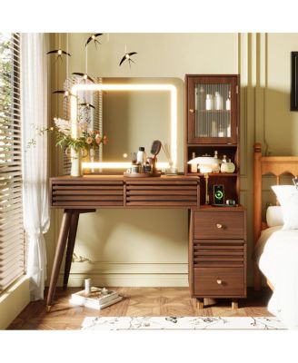 45.9" Vanity Desk with Mirror, Lights, 5 Drawers and Power Outlet, Espresso