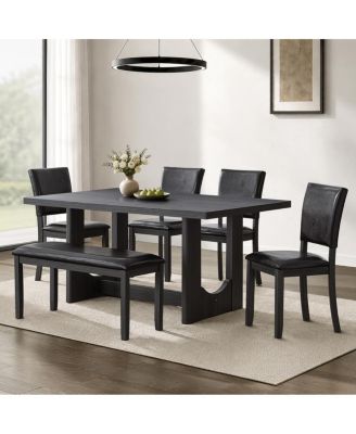 6-Piece Modern Farmhouse Dining Set with PU Leather Chairs, Bench and U-Base