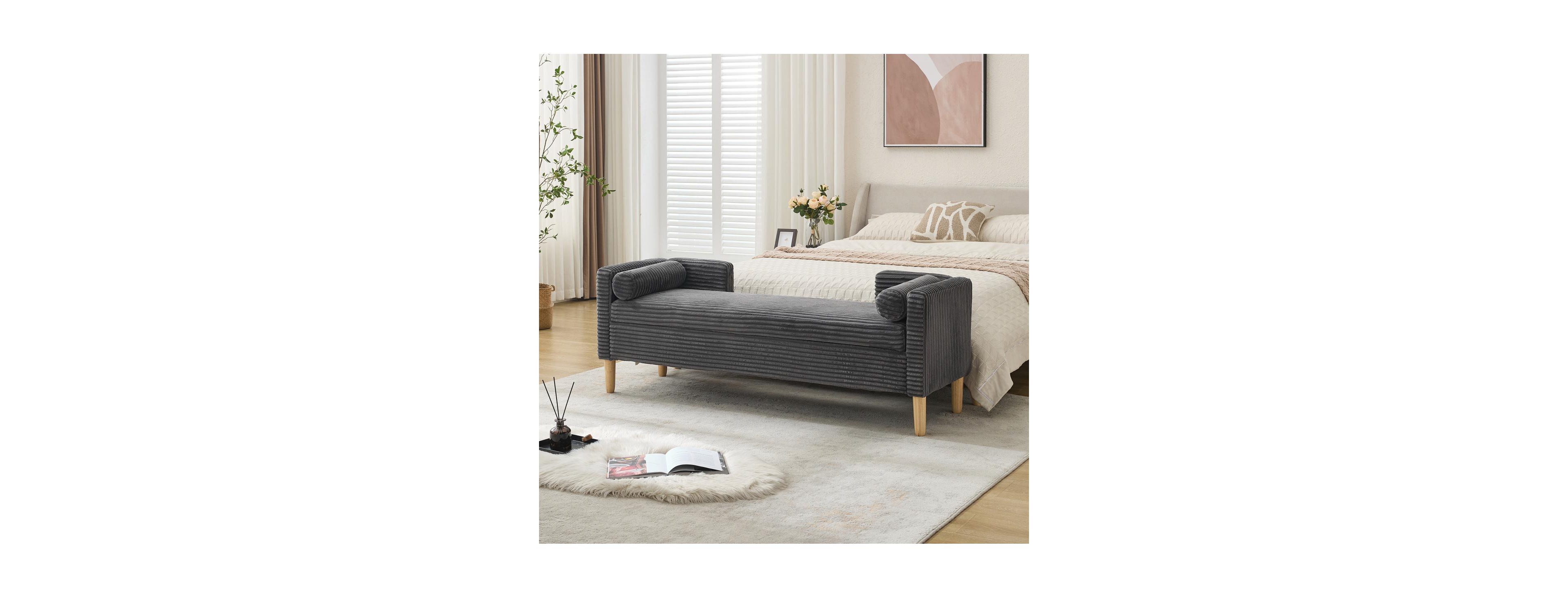 Streamdale Furniture 64.7" Upholstered Corduroy Storage Bench with Armrests and Backrest