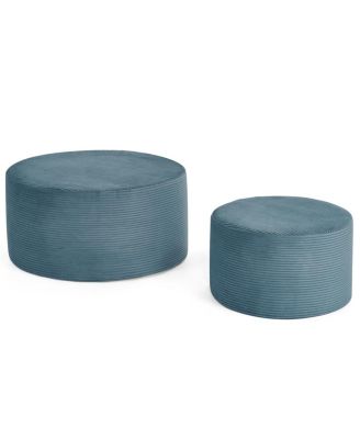Set of 2 Blue Upholstered Cylindrical Pouf Stools