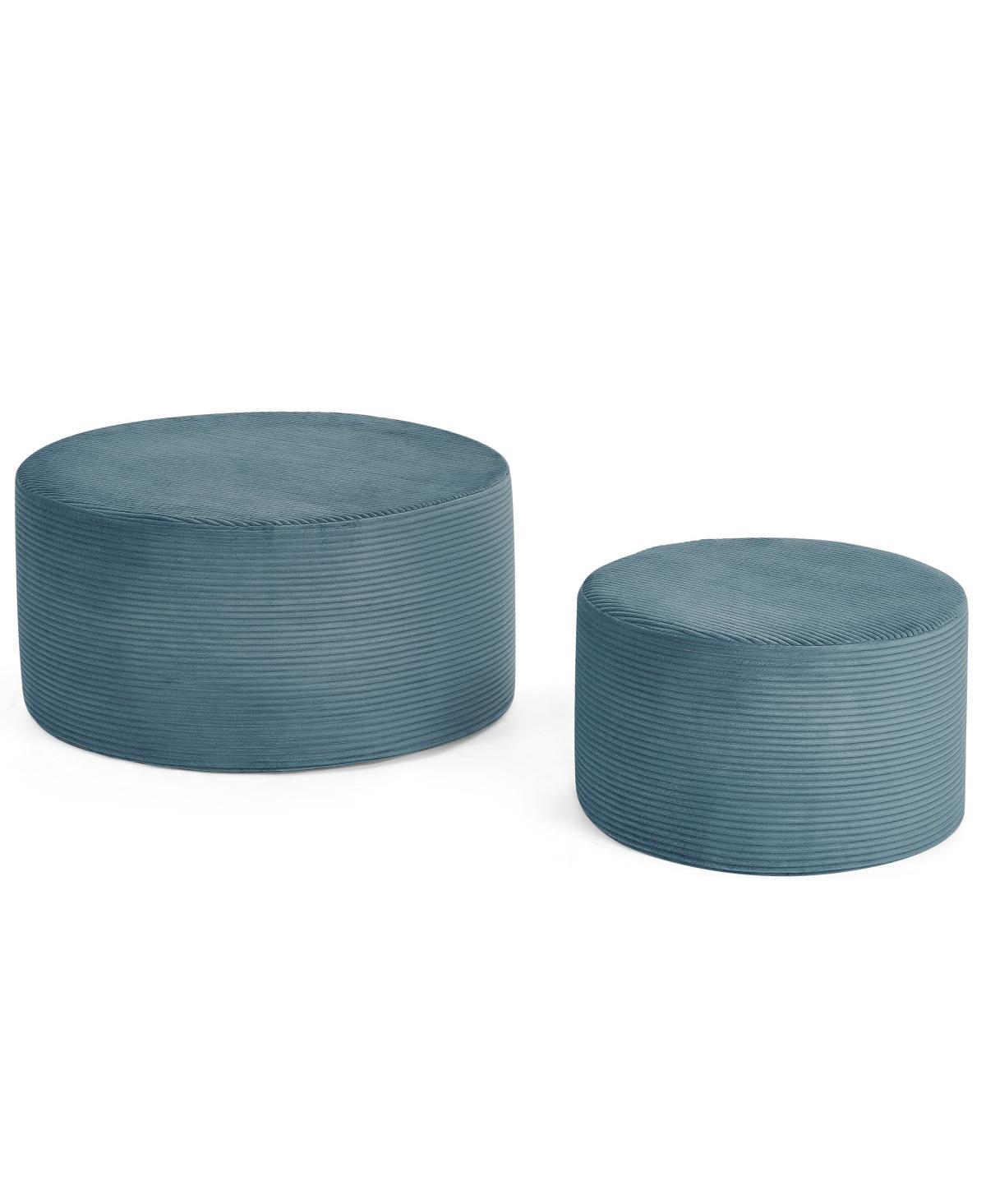 Streamdale Furniture Set of 2 Blue Upholstered Cylindrical Pouf Stools - Blue