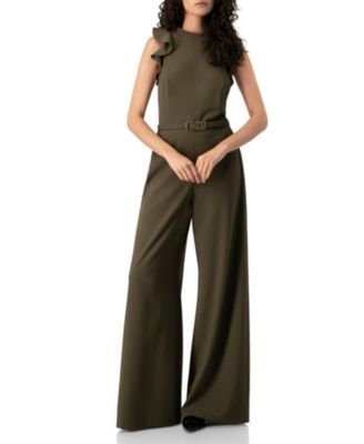 Women's Sleeveless Ruffle-Shoulder Wide-Leg Belted Jumpsuit