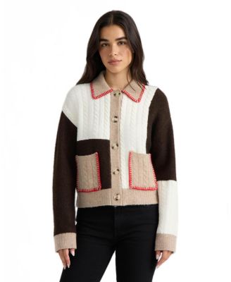 Women's Patchwork Cable-Knit Collared Cardigan