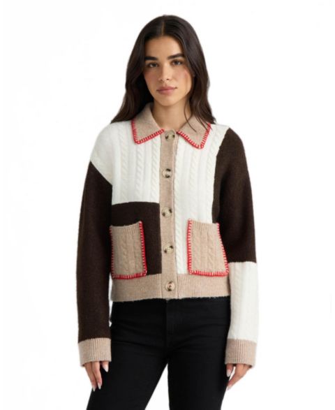 Женский кардиган Hunter Patchwork Cable-Knit Collared, цвет: Зефирный / Кофейный