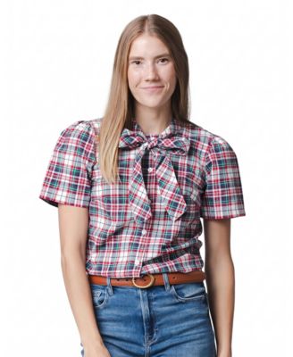 Women's Hope and Henry Puff-Sleeve Bow-Neck Button-Front Top
