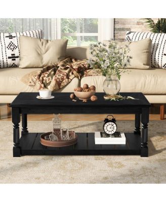 Farmhouse Wooden Coffee Table with Slatted Shelf and Turned Legs