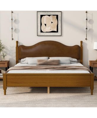 King Size Wood Platform Bed with Upholstered Headboard