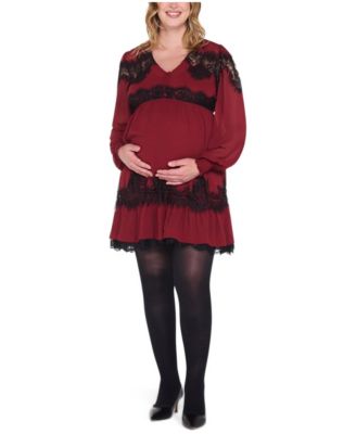 Women's Motherhood Long Sleeve Lace Trim Mini Dress