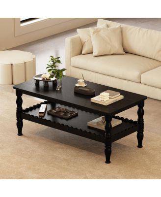 Farmhouse 2 Tier Rectangle Coffee Table, Solid Wood Legs Wave Edge Storage Sofa Center Table