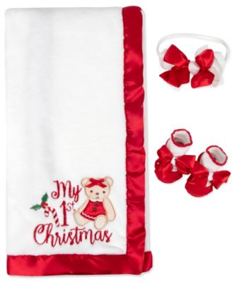 My 1st Christmas Plush Blanket, Bow Headband and Socks, 3-Piece Set