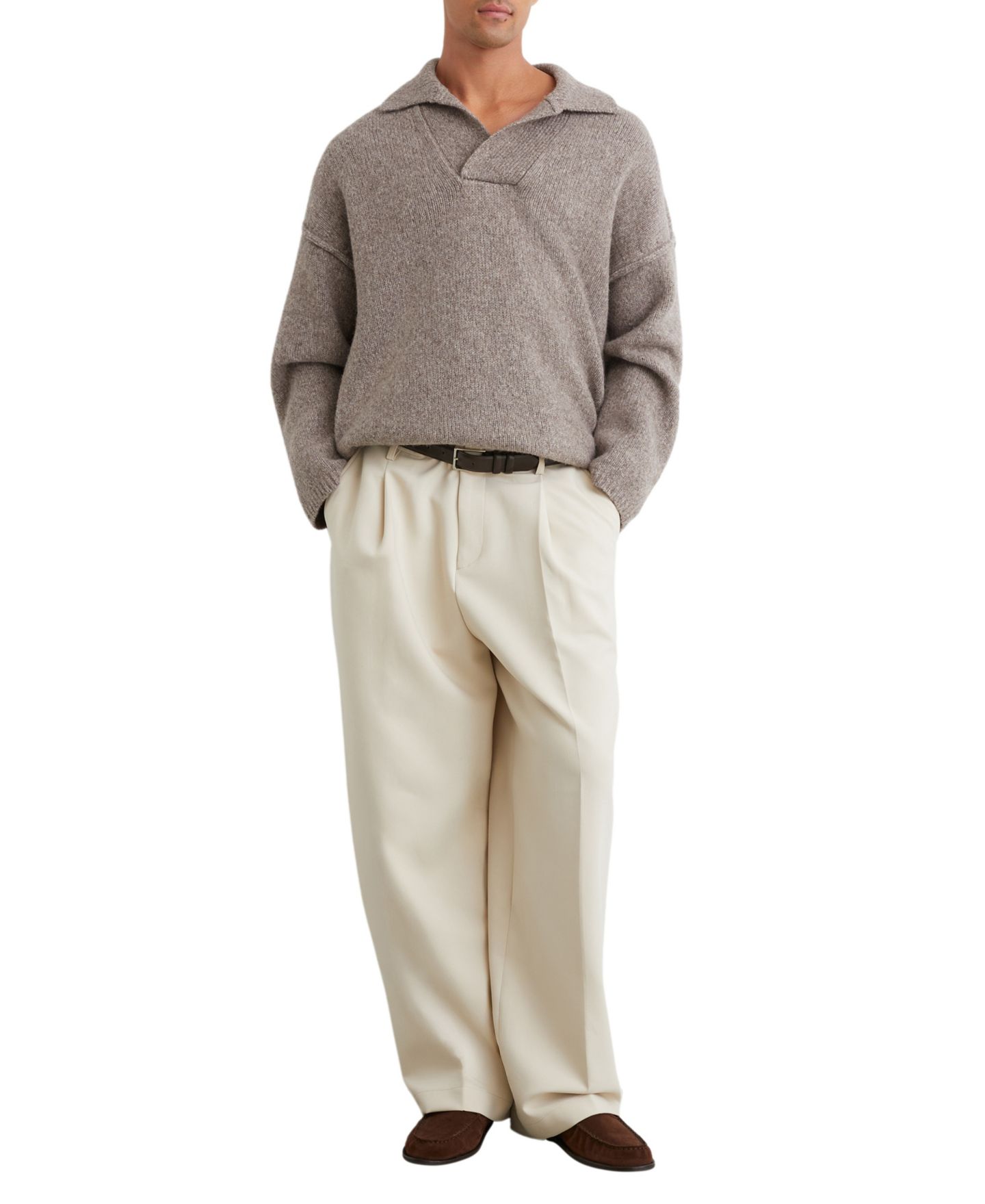 Мужской свитер REISS Vatali Open-Collar Wool-Blend Melange-Knit Pullover, цвет: Серо-коричневый коричневый меланжевый — фото 4
