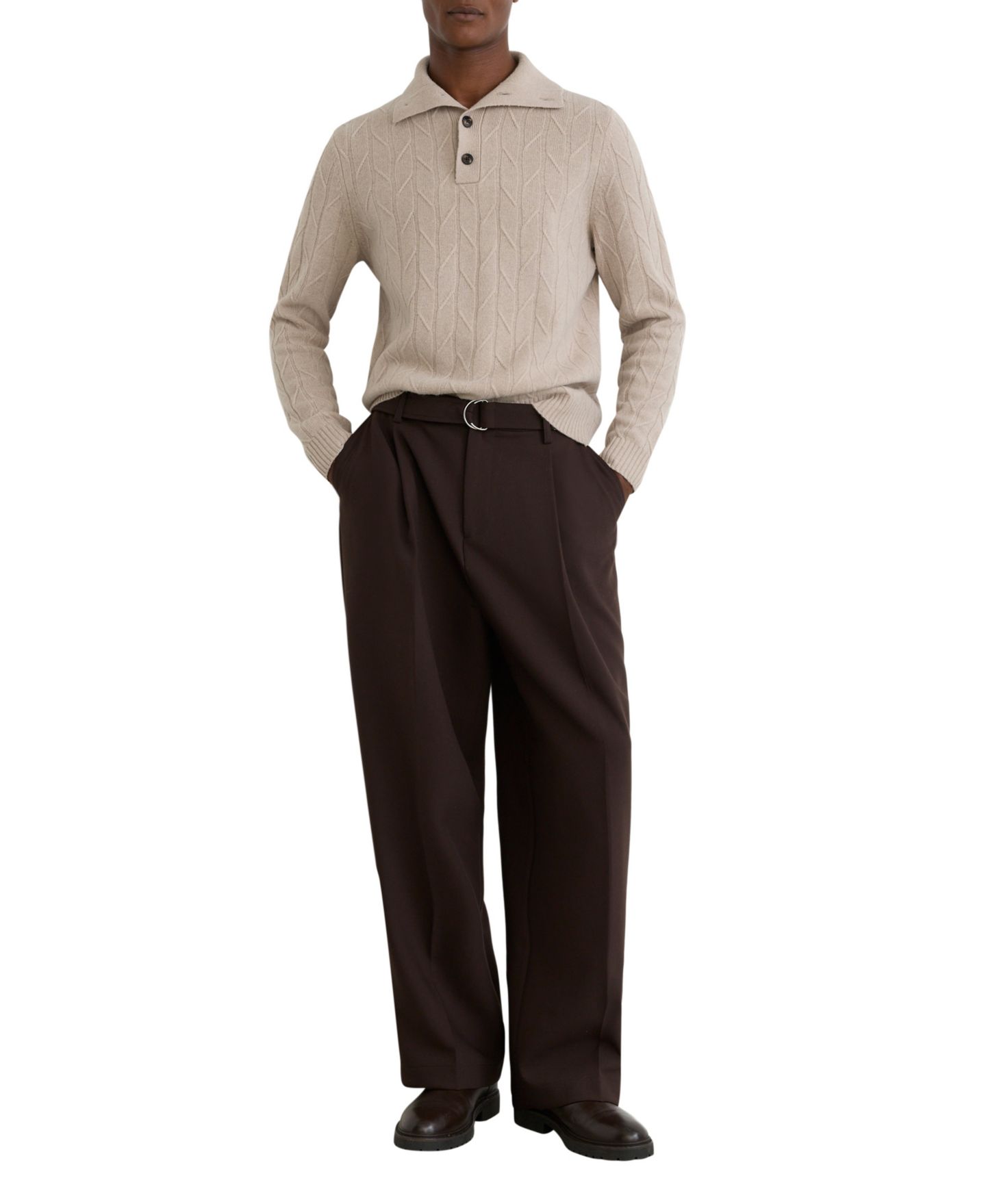 Мужской свитер REISS Half-Button Ribbed Funnel-Neck Cable-Knit Wool, цвет: Овсяный — фото 4