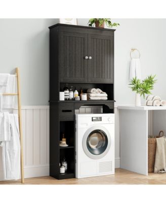 Freestanding Over the Toilet Bathroom Storage Cabinet with Open Shelves and Side Compartments, Space-Saving Organizer for Bathroom Laundry Room