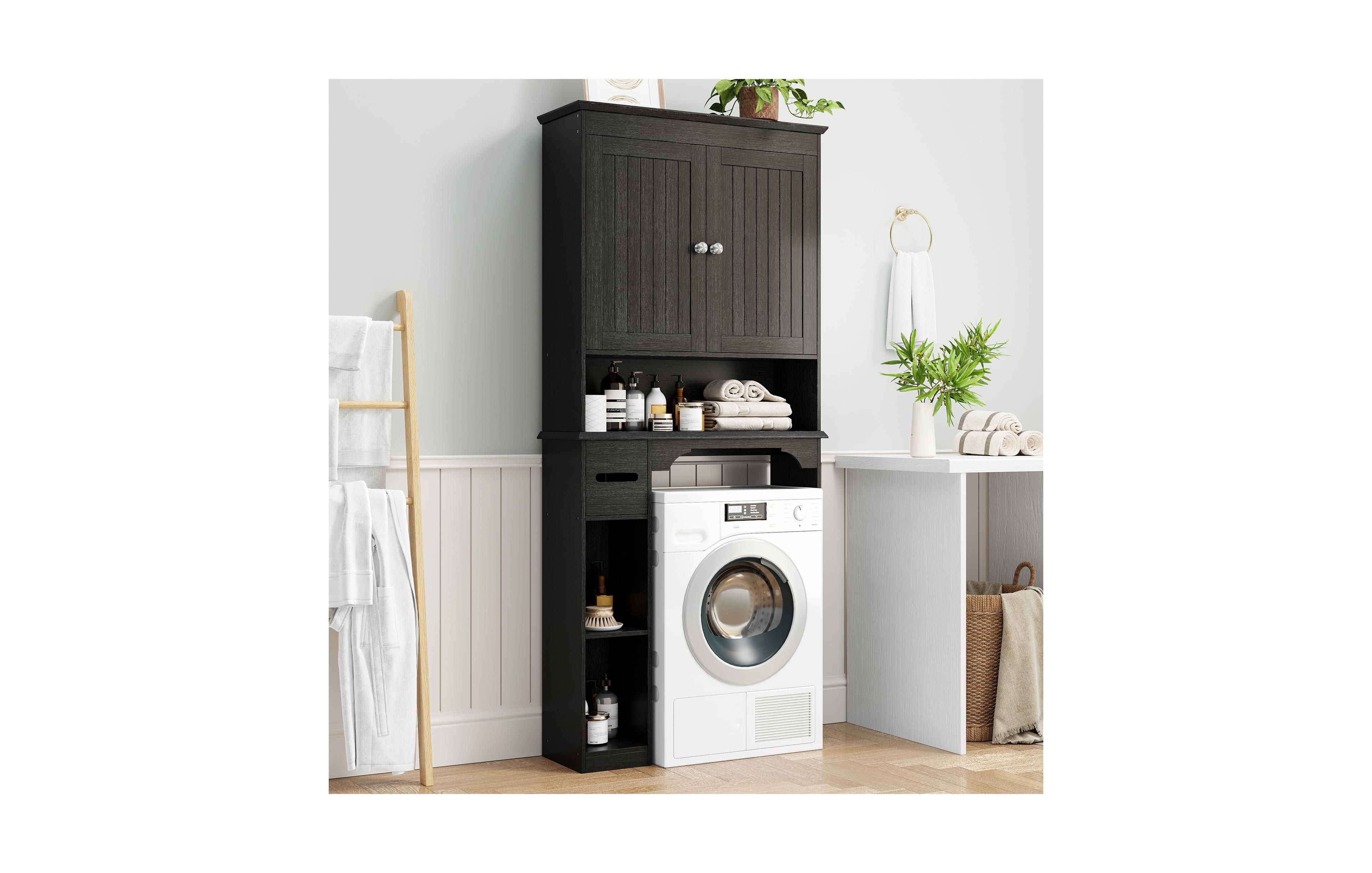 Freestanding Over the Toilet Bathroom Storage Cabinet with Open Shelves and Side Compartments, Space Saving Organizer for Laundry Room