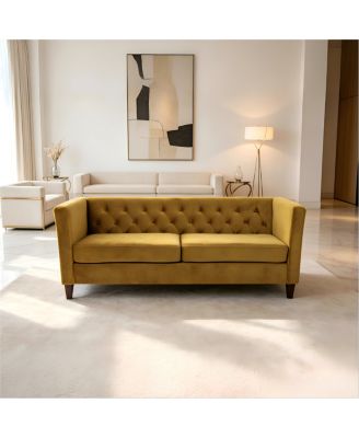  Button Tufted Velvet 3-Seater Sofa with Wood Legs