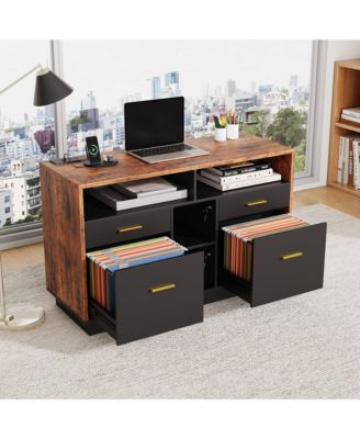4-Drawer Lateral File Cabinet with Lock, Open Shelves and USB Charging Station