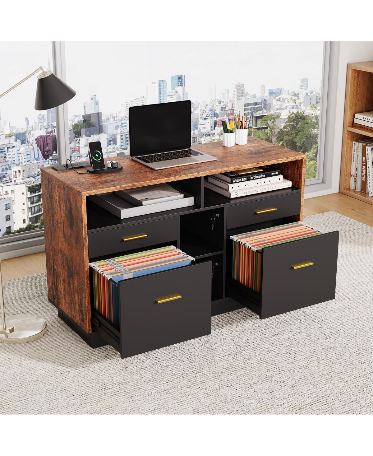 homfan 4-Drawer Lateral File Cabinet with Lock, Open Shelves and Usb Charging Station - Black