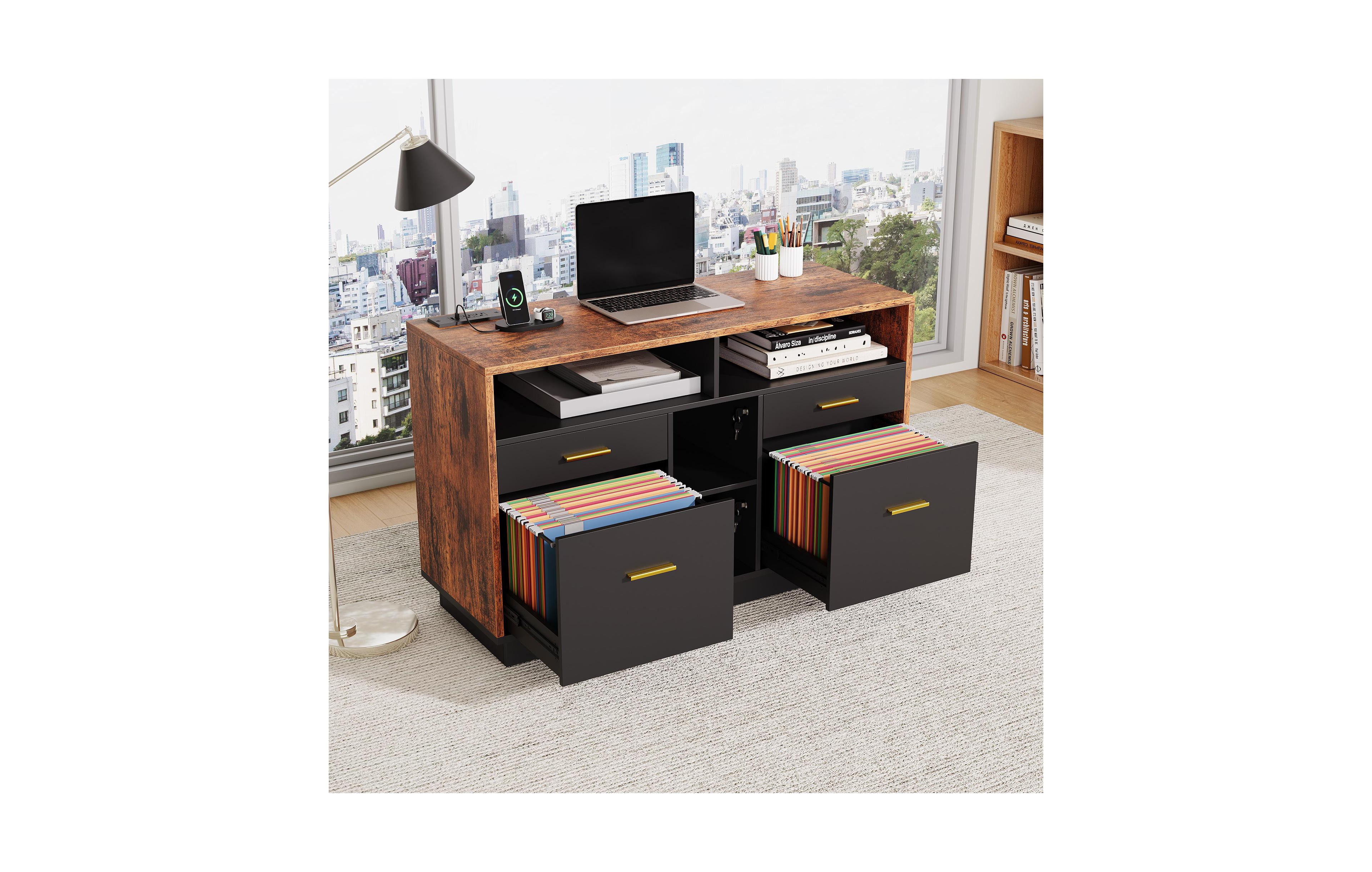 homfan 4-Drawer Lateral File Cabinet with Lock, Open Shelves and Usb Charging Station