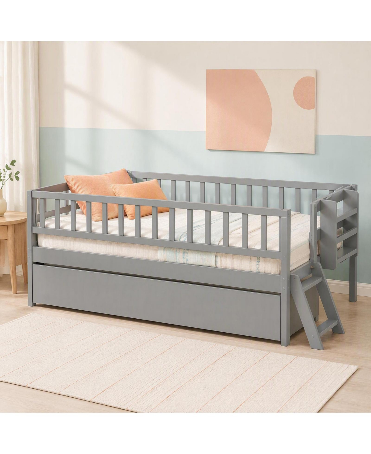 Gymax Kids Twin Size Bed with Trundle Bookshelf and 2-Step Ladder 15 Plywood Slats - Grey