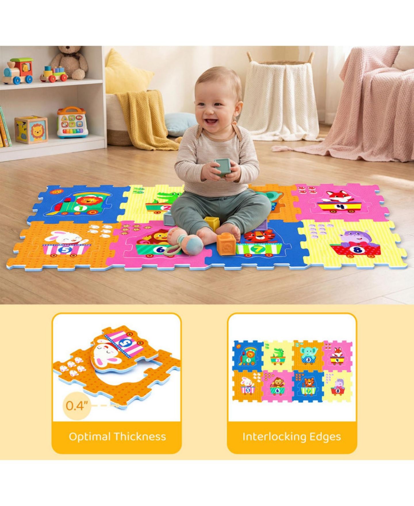 Детские игрушки HONGGE 8-Piece Interlocking Foam Puzzle Tiles with Animals, Ages 10 Months+, цвет: Оранжевый — фото 8