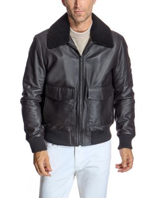 Men's Leather Detachable Shearling Collar Tailored-Fit Bomber Jacket