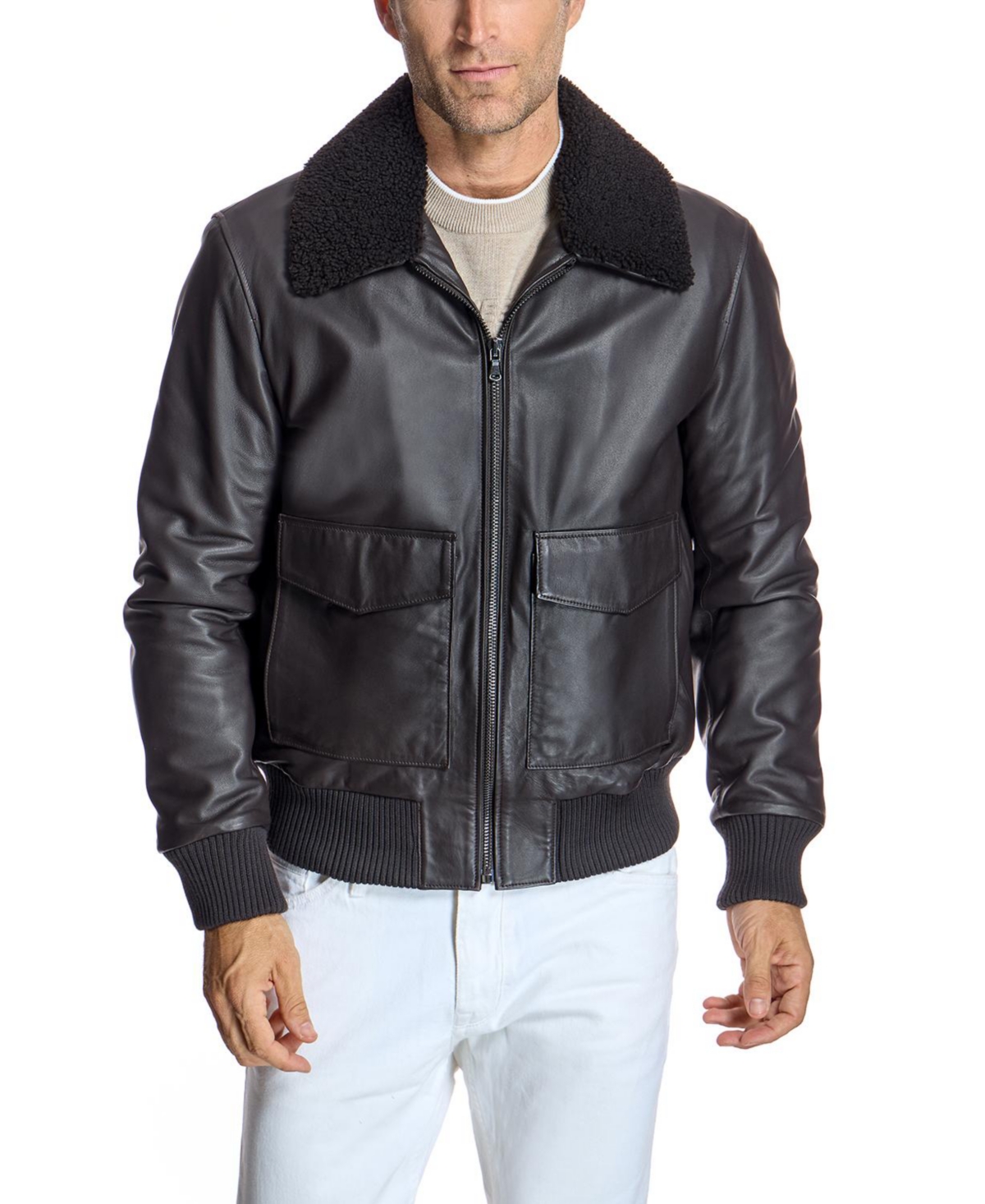 Julia & Stella By Maximilian Men's Leather Detachable Shearling Collar Tailored-Fit Bomber Jacket - Brown