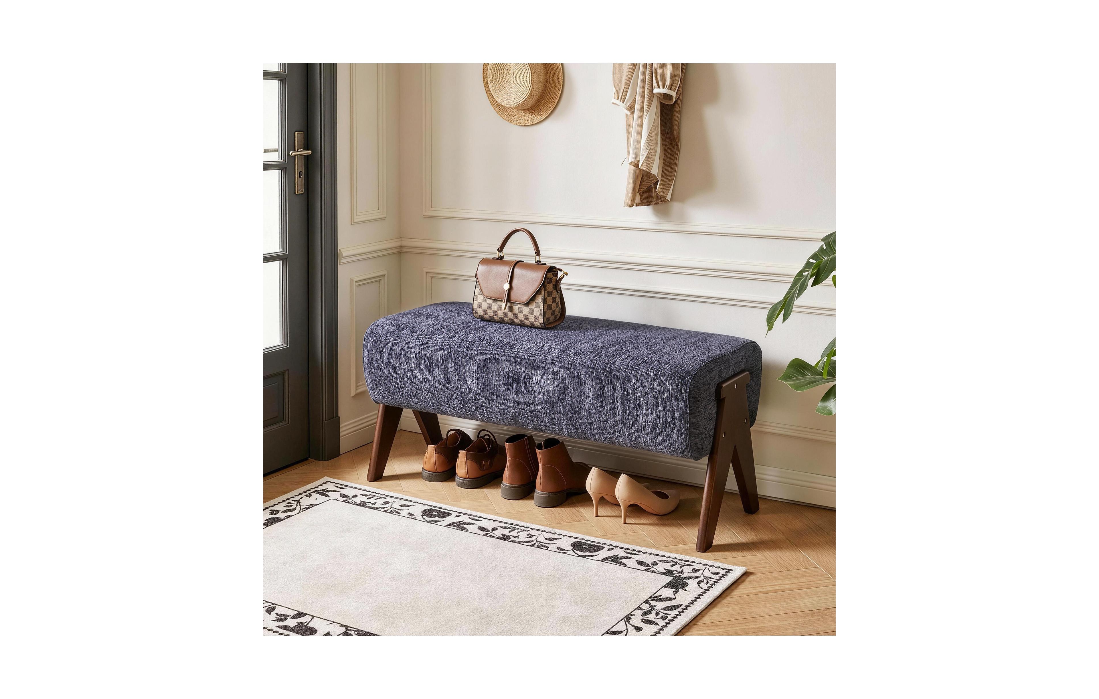 sumyeg Modern Chenille Fabric Bench with Padded Seat and Solid Wood Legs
