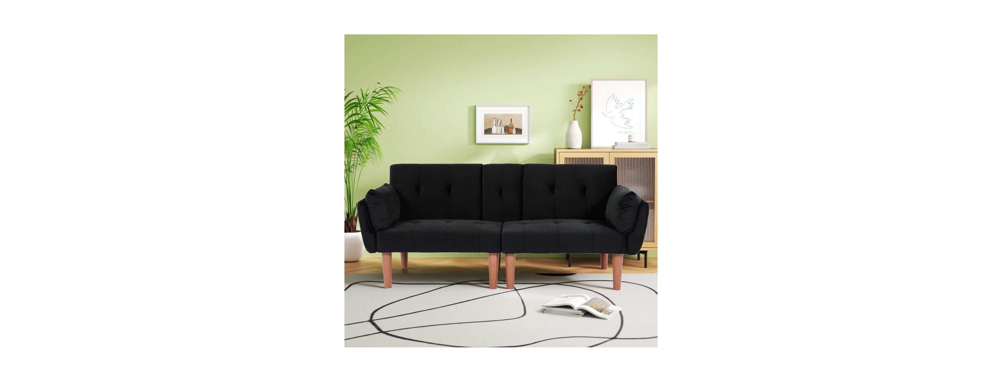 Streamdale Furniture 72" Foldable Black Velvet Double Sofa for Living Room