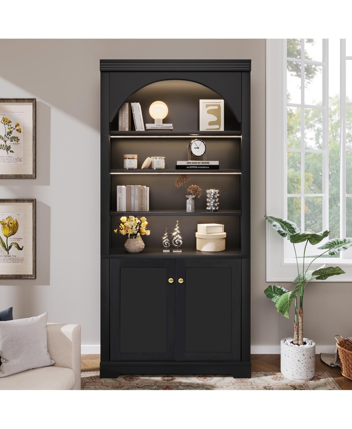Streamdale Furniture Tall 4-Tier Led Bookshelf with Doors and Adjustable Shelves - Black