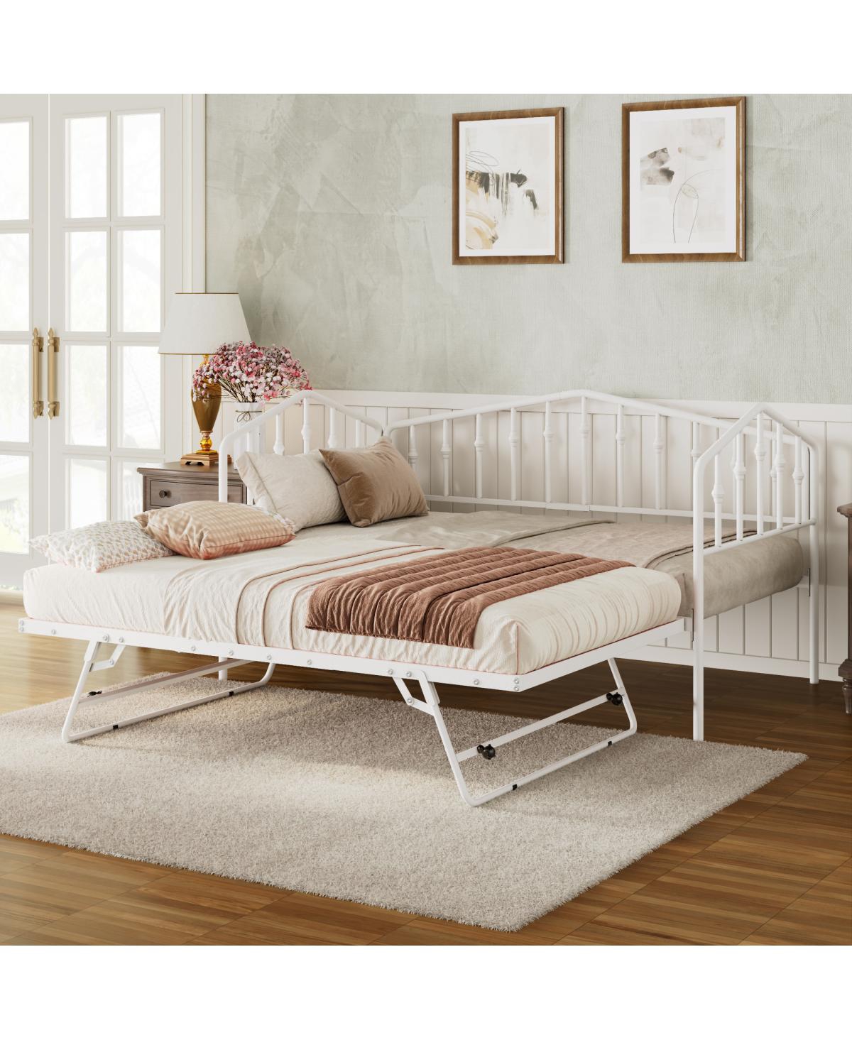 Streamdale Furniture Metal Daybed with Adjustable Portable Trundle - Twin Size - White