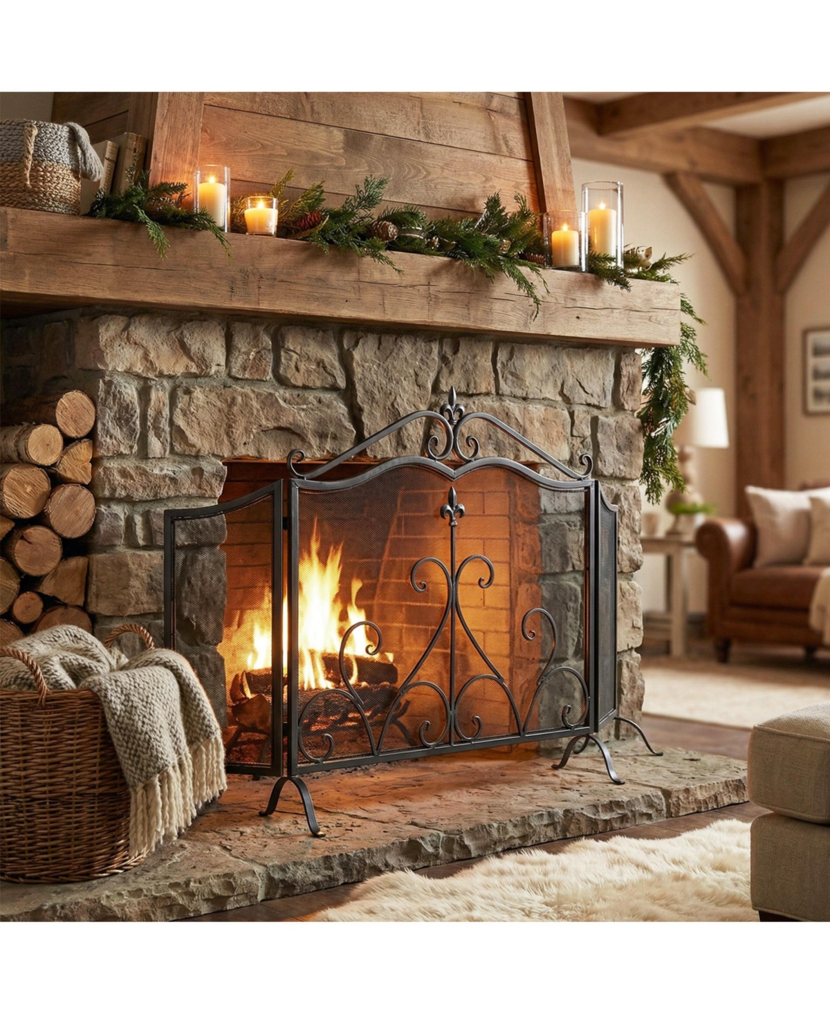 Mondawe 54" W x 31.5" H 3-Panel Iron Fireplace Screen with Decorative Scrollwork