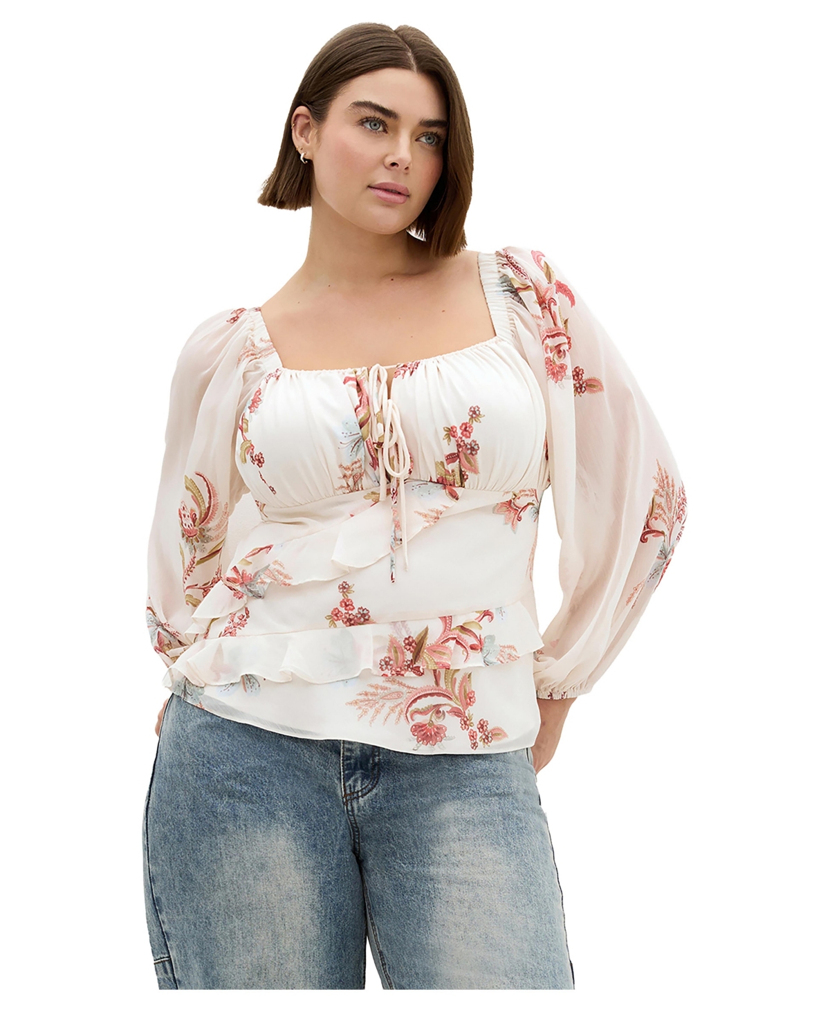 City Chic Plus Shayla Floral-Print Square Neck Blouse