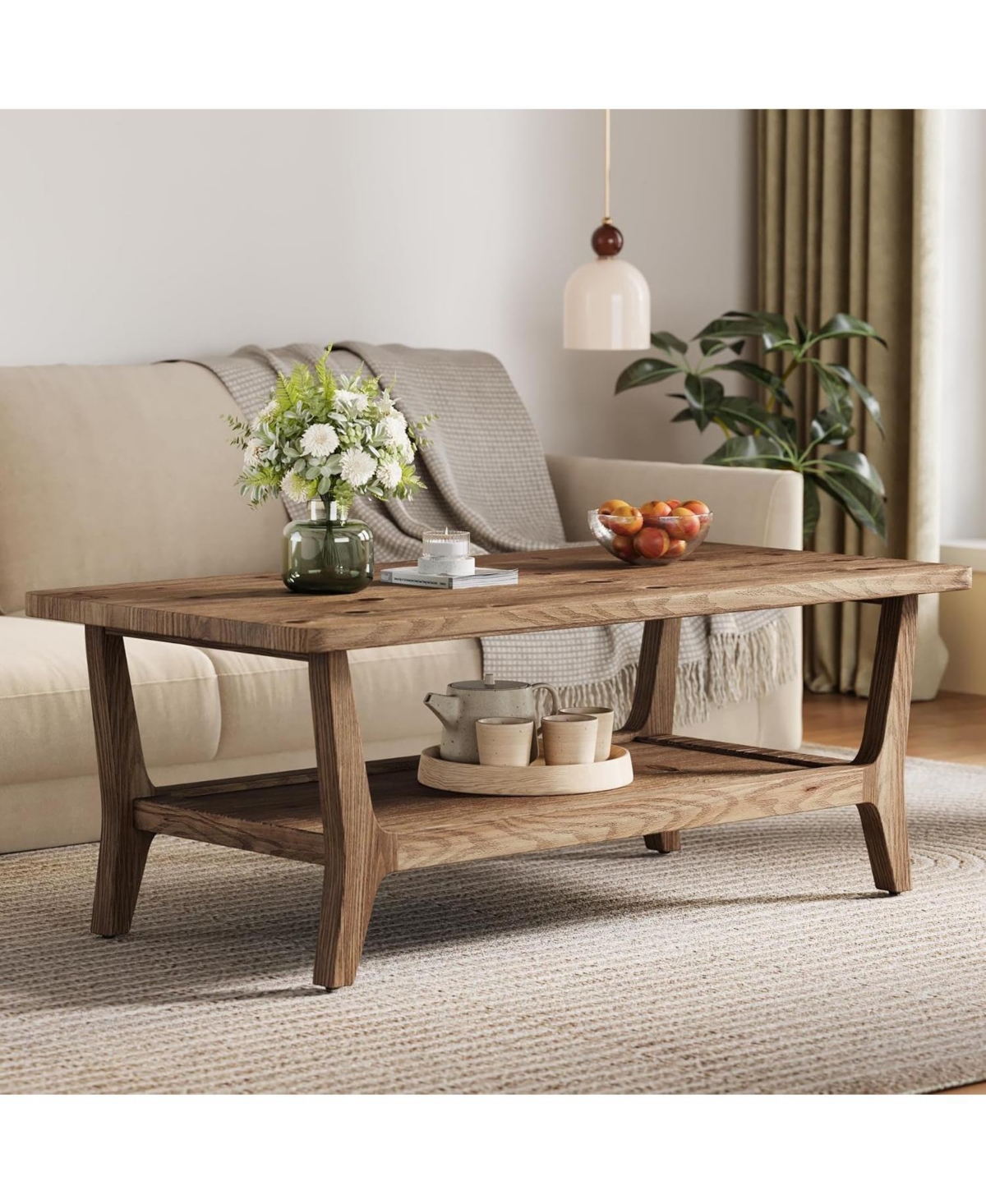 Tribesigns 2-Tier Solid Wood Coffee Table, 47-Inch Center Table - Brown