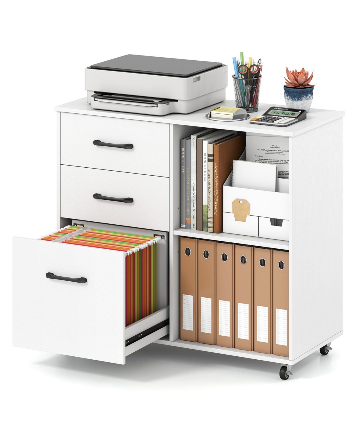 Sugift 3-Drawer Mobile File Cabinet with Open Storage Shelves - White