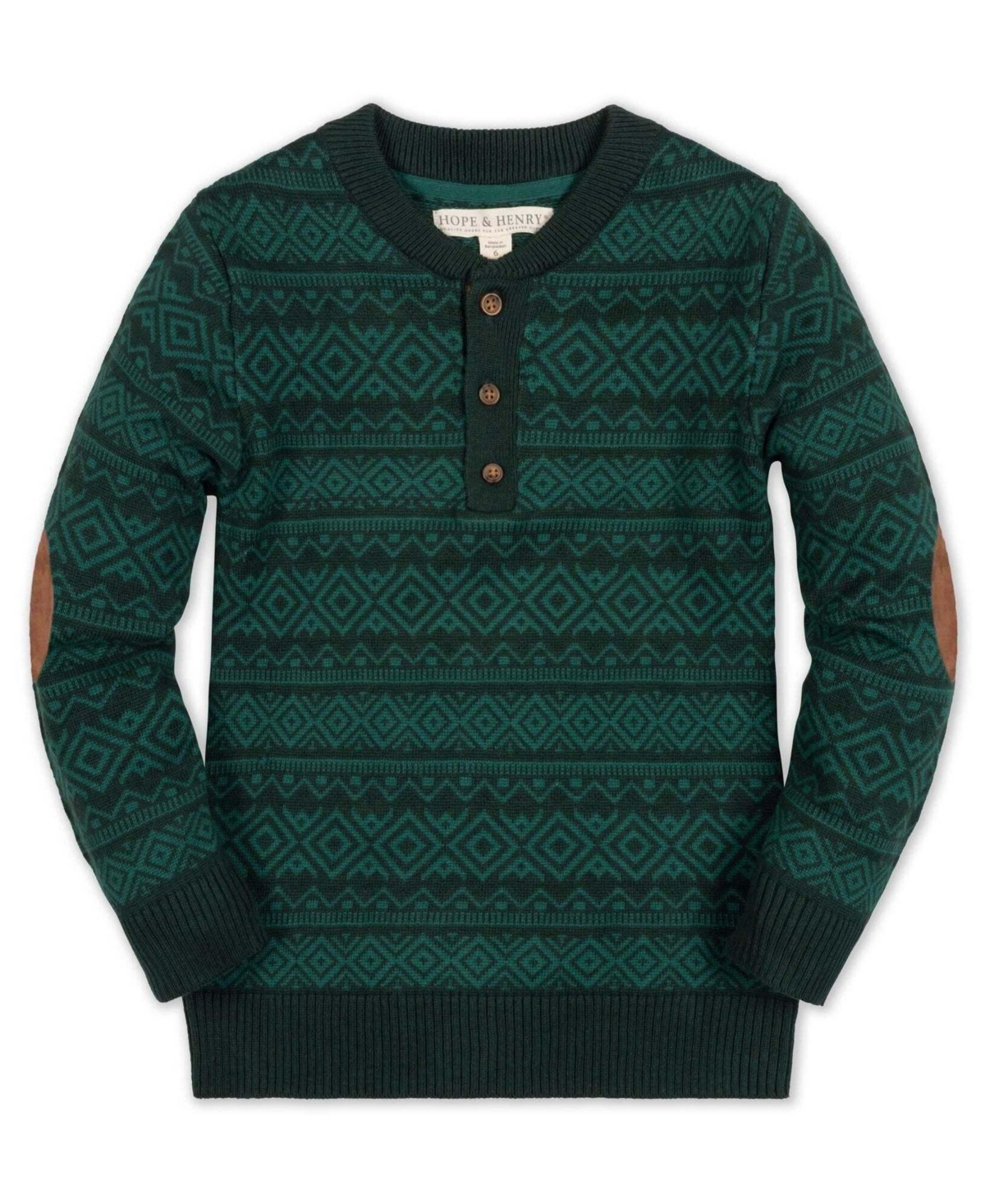 Hope & Henry Toddler Boys' 2T-5 Cotton Henley Sweater with Faux Suede Elbow Patches - Deep green fair isle
