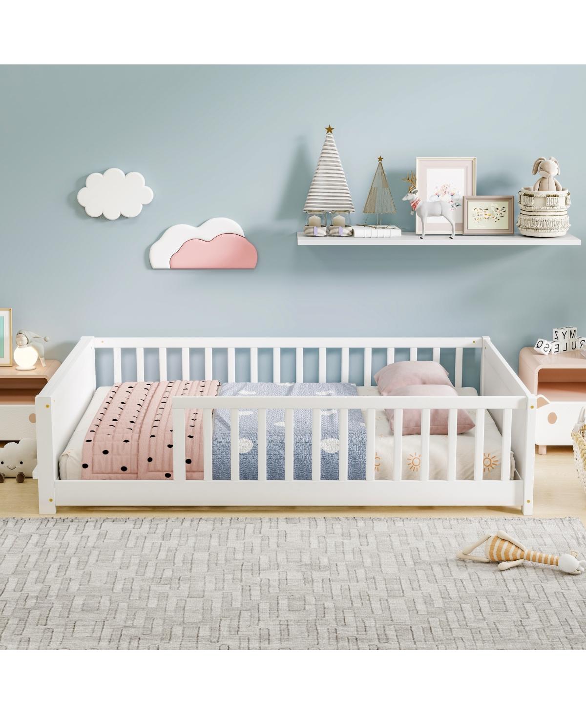 Streamdale Furniture Full Size Rubber Wood Floor Bed with Guardrails and Book Rack - White