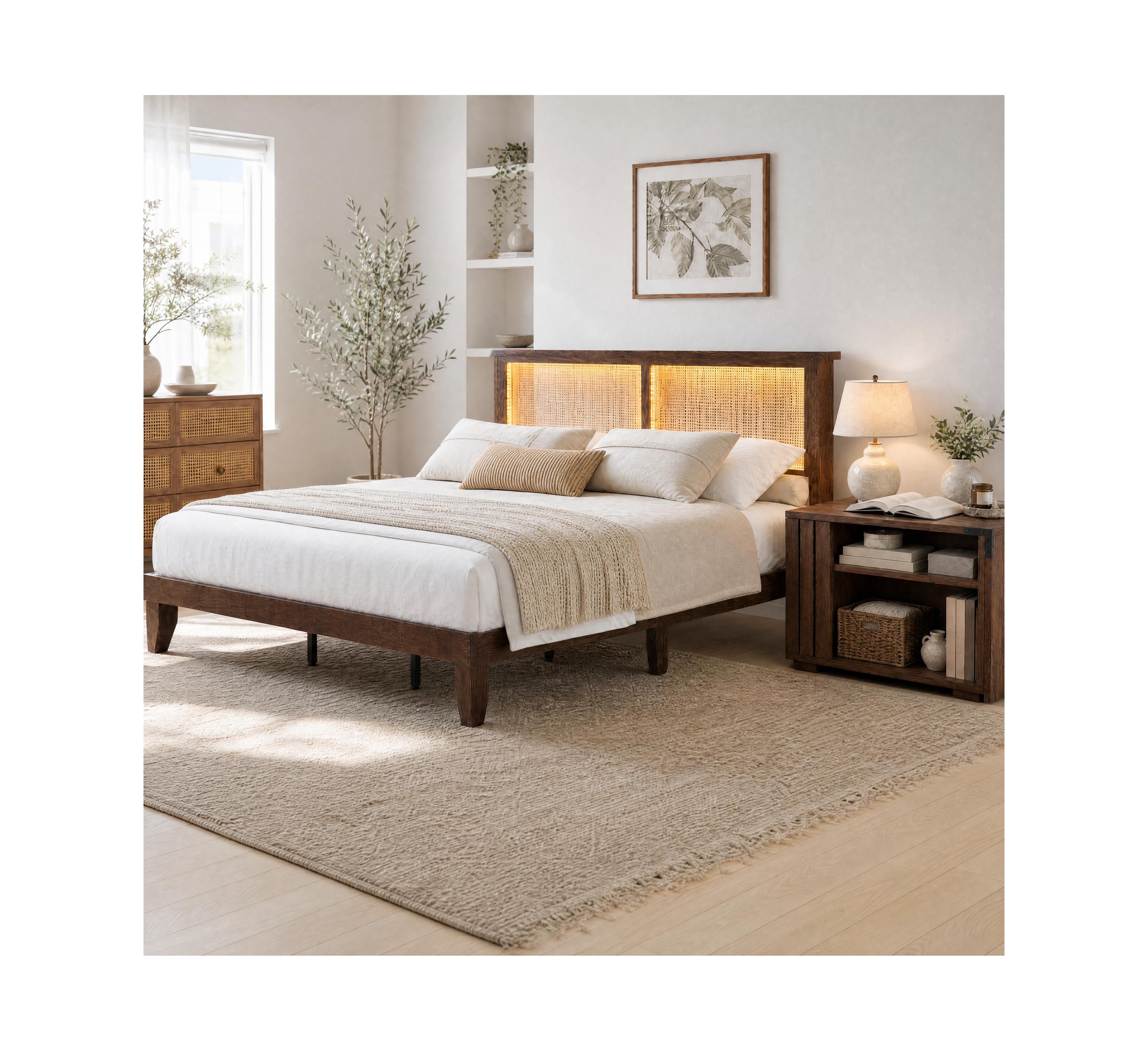 Gaomon Boho Rattan Bed Frame and Expandable Coffee Table Set, Rgb Led Lights and Headboard Shelf, No Box Spring Needed