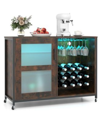 LED Lighted Bar Cabinet with Adjustable Shelves and Wine Storage