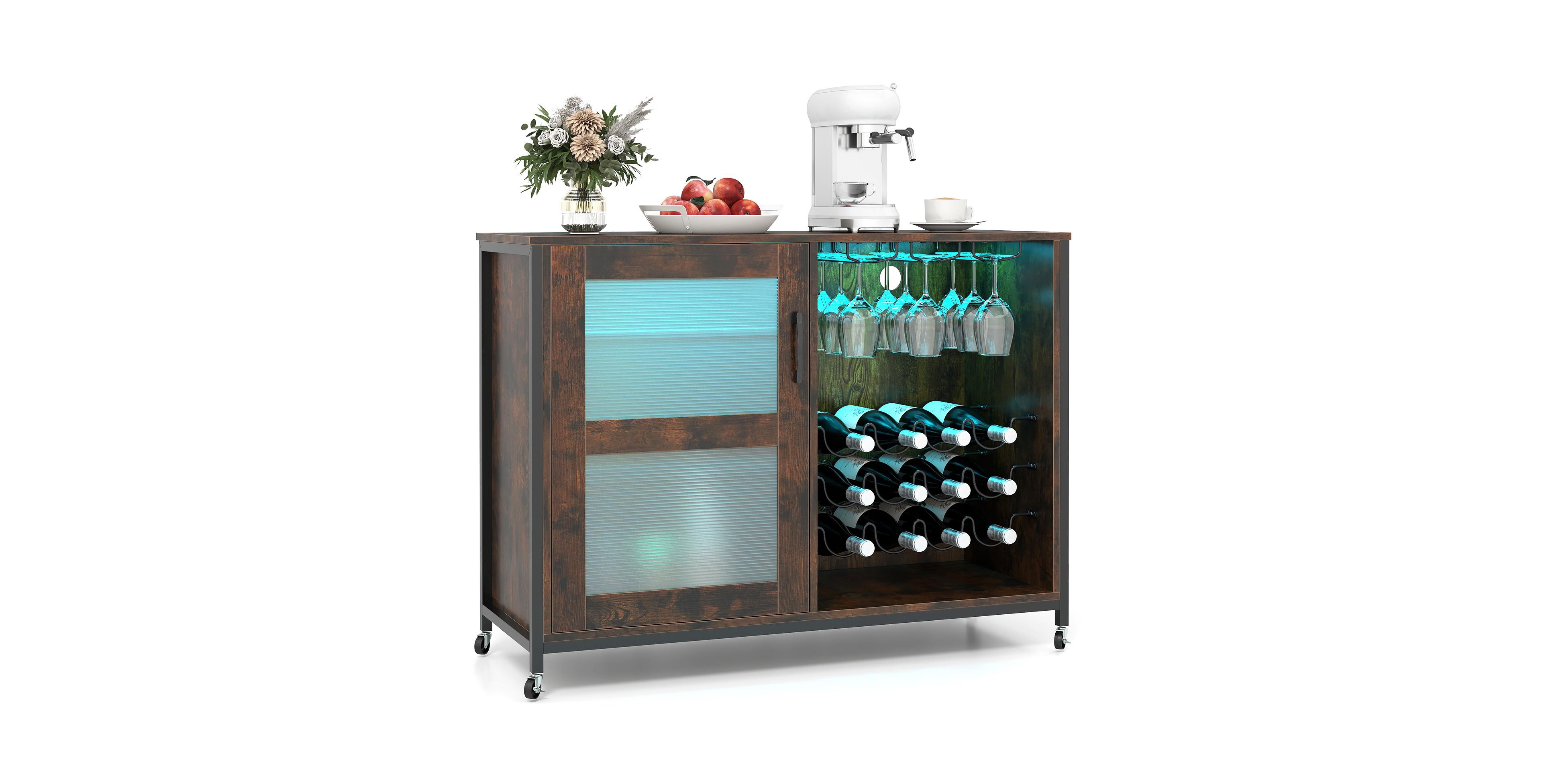 Sugift Led Lighted Bar Cabinet with Adjustable Shelves and Wine Storage