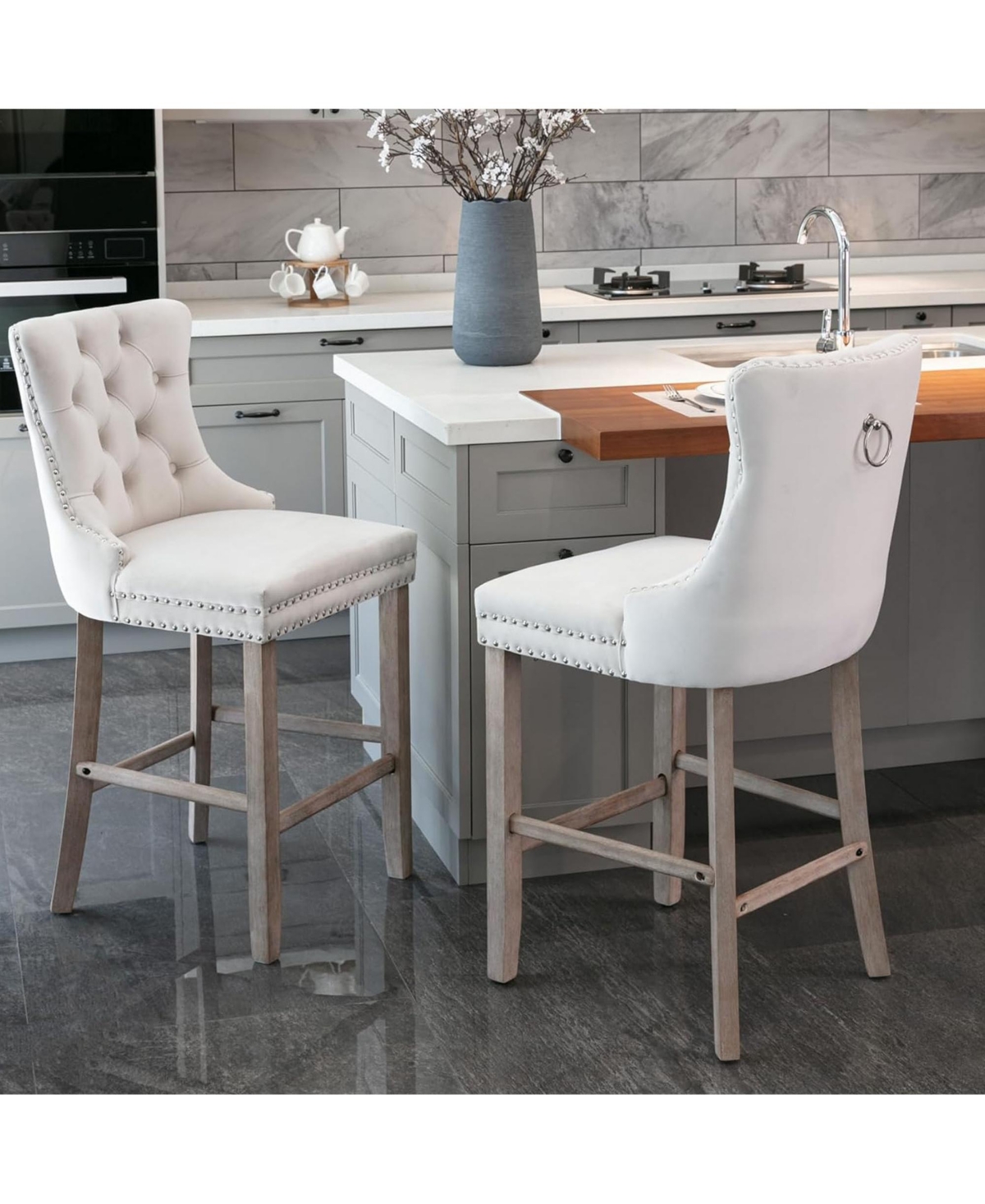 Rainsken Velvet Upholstered Bar Stools Set of 2 - Button Tufted Decoration, Nailhead Trim and Wooden Legs, Counter Height Chairs for Home Pub