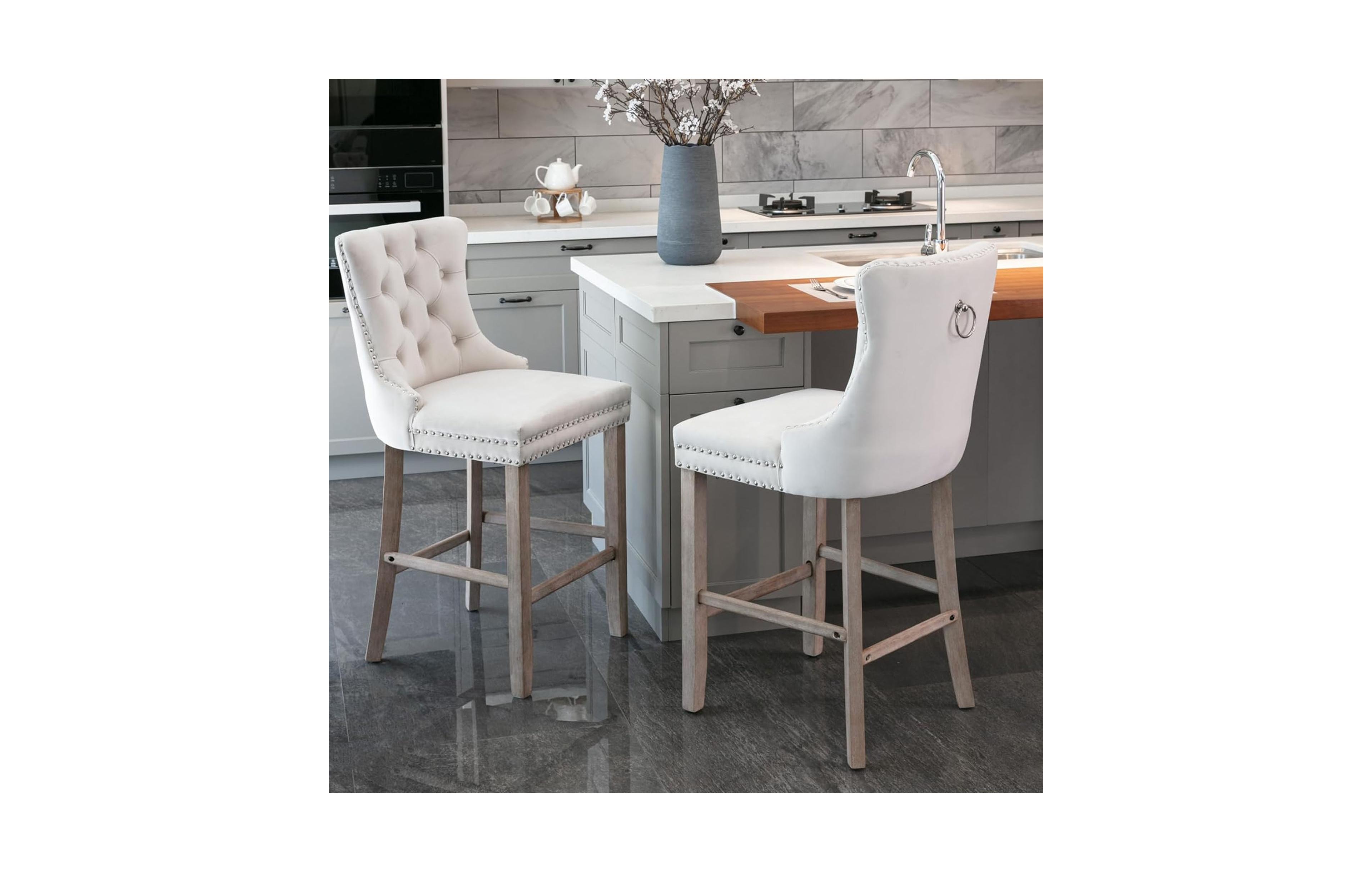 Rainsken Velvet Upholstered Bar Stools Set of 2 - Button Tufted Decoration, Nailhead Trim and Wooden Legs, Counter Height Chairs for Home Pub