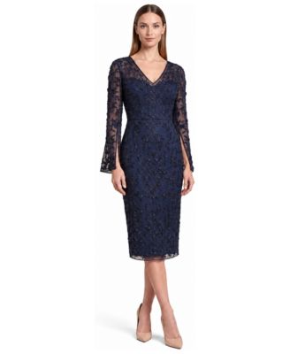 Women's 3D Floral Embellished V-Neck Wedding Guest Midi Dress with Cape Sleeves