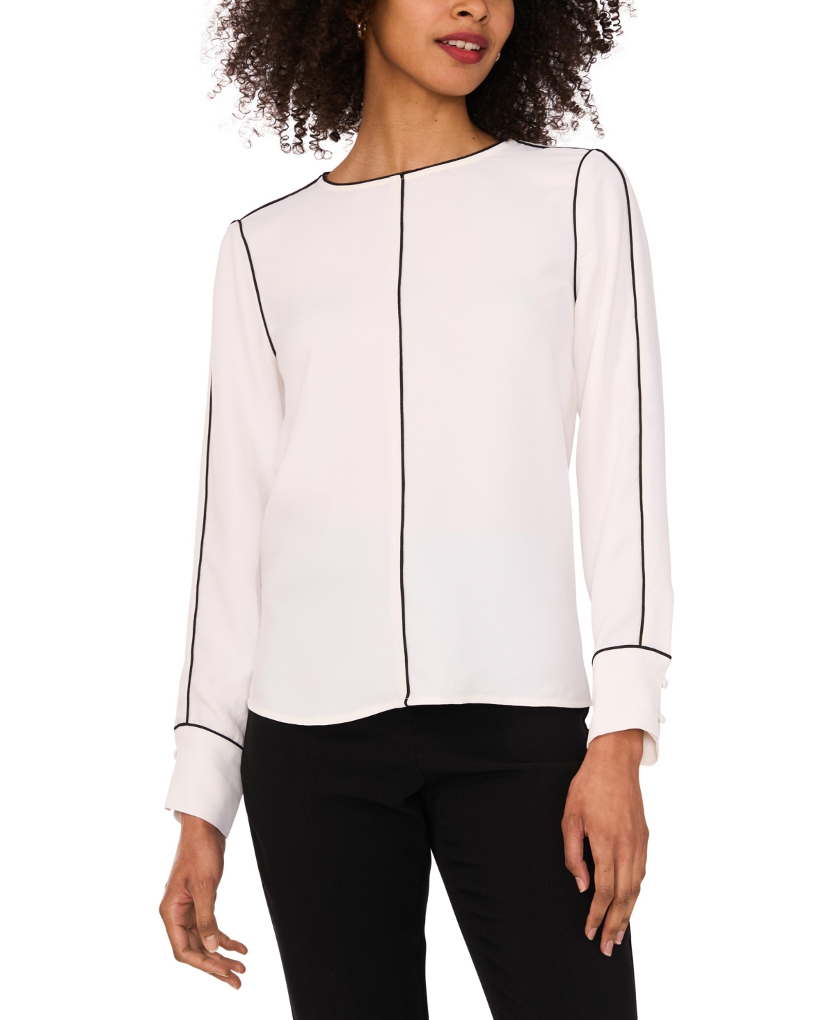 Vince Camuto Women's Crewneck Long-Sleeve Piping Blouse - New Ivory